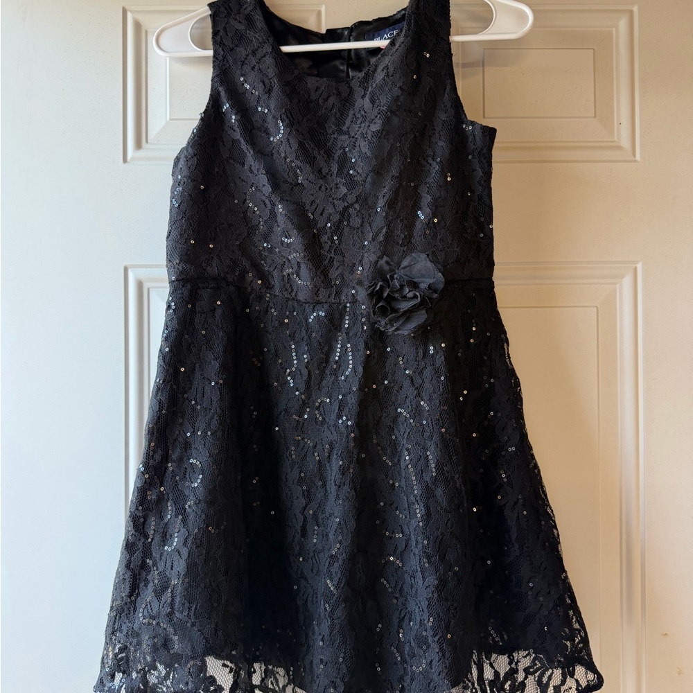 The Children's Place Girls Black Lace Sequin Party Dress Size 14 Flower Detail
